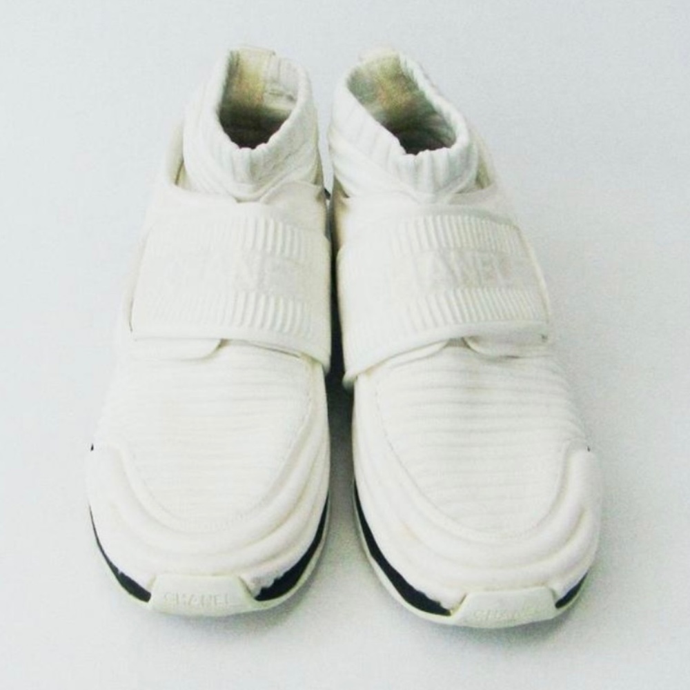 Chanel White & Blk stretch fabric knit Sock Sneakers